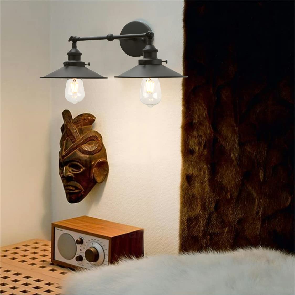 Phansthy Vintage Industrial Farmhouse Wall Sconces, Matte Black 2-Light Kitchen Wall Lighting, Bathroom Vanity Light Fixtures with 8.5 Inches Cone