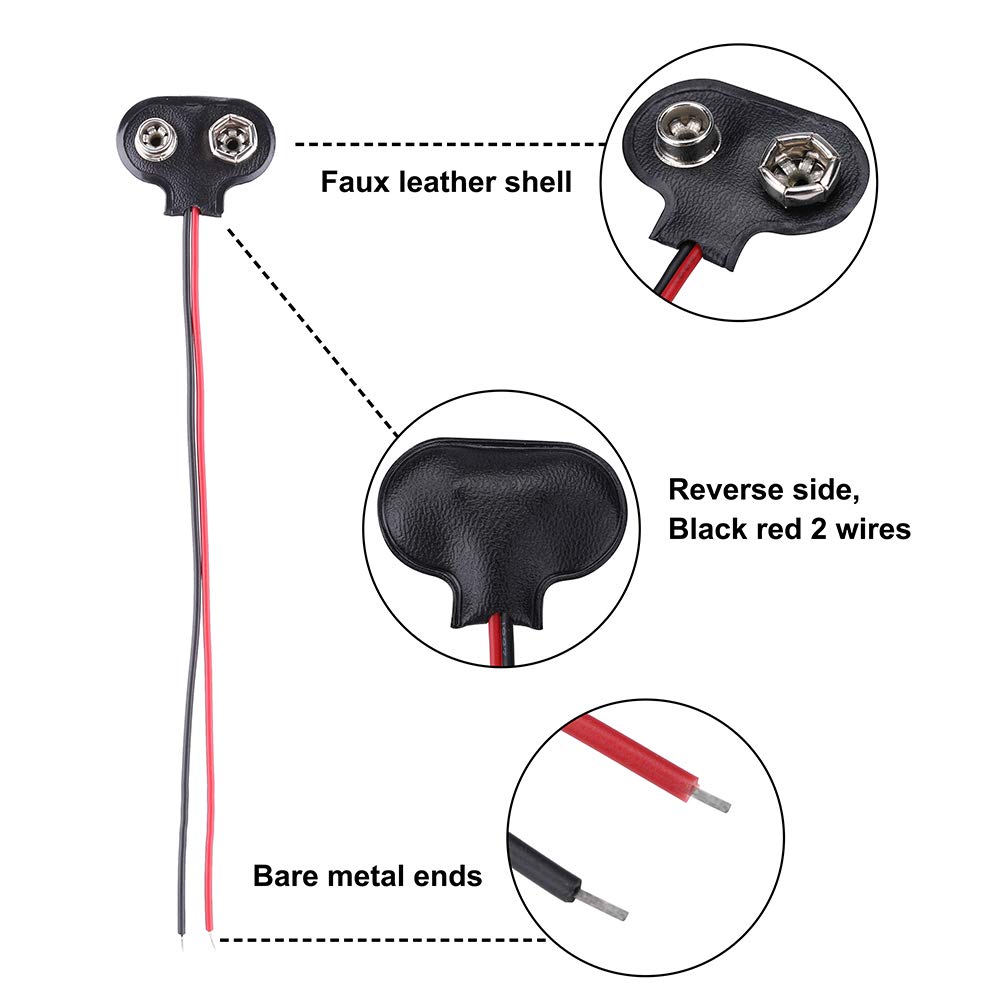 10 Pack 9V Battery Clip Connector, T Type Faux Leather Long Cable Housing Connection