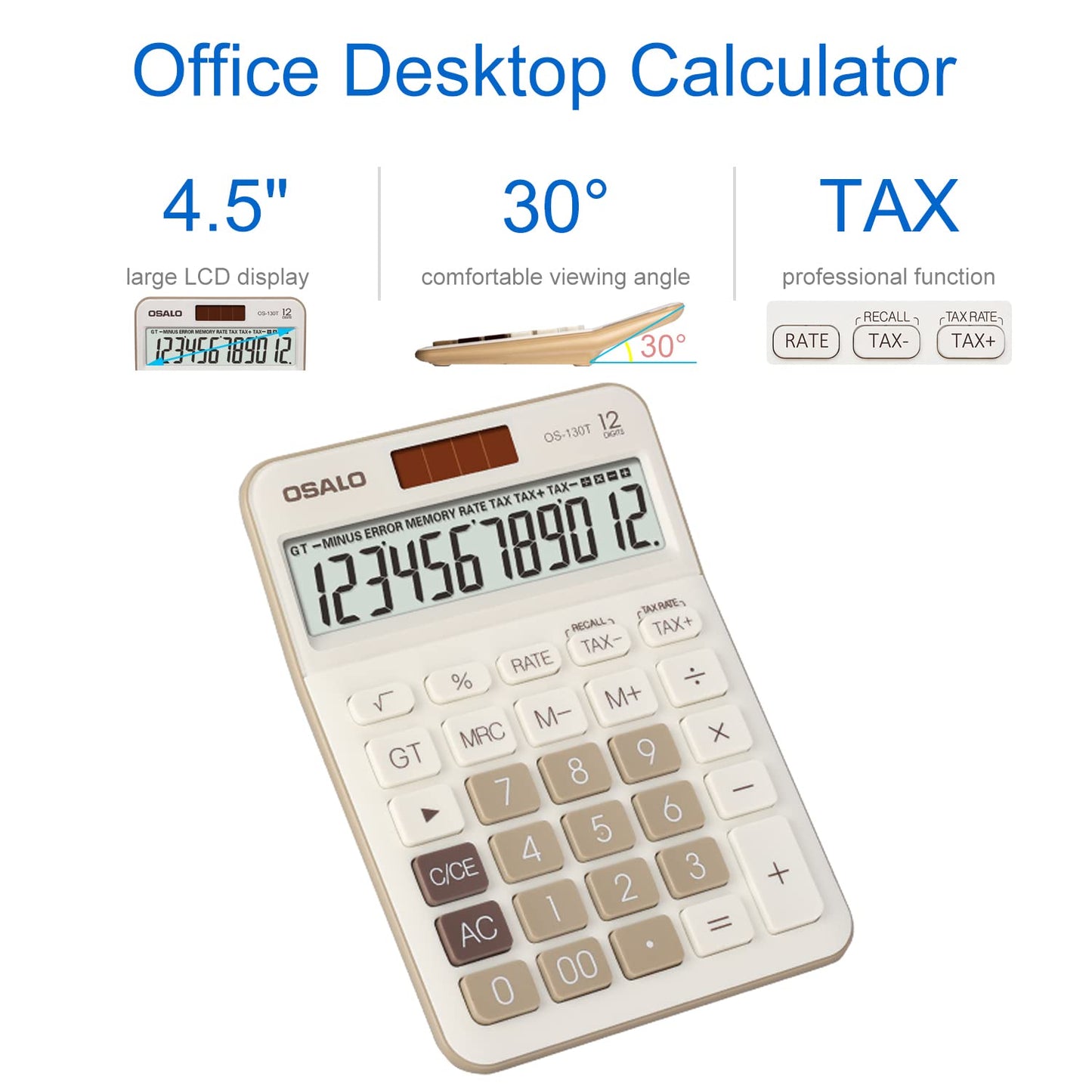 Pendancy 12 Digit Office Calculator Desktop with Tax+/- for Advanced Tax Calculation, Large LCD Display Big Buttons, Dual Power Durable Portable