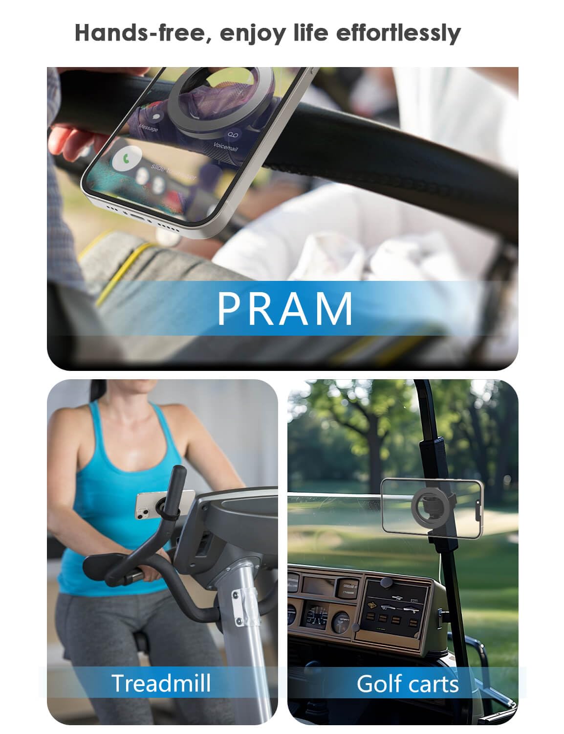 POWRIG Magnetic Phone Mount for Outdoor Activities - Compatible with Golf Carts, Yachts, Strollers, and More | Adjustable Silicone Strap & Anti-Slip