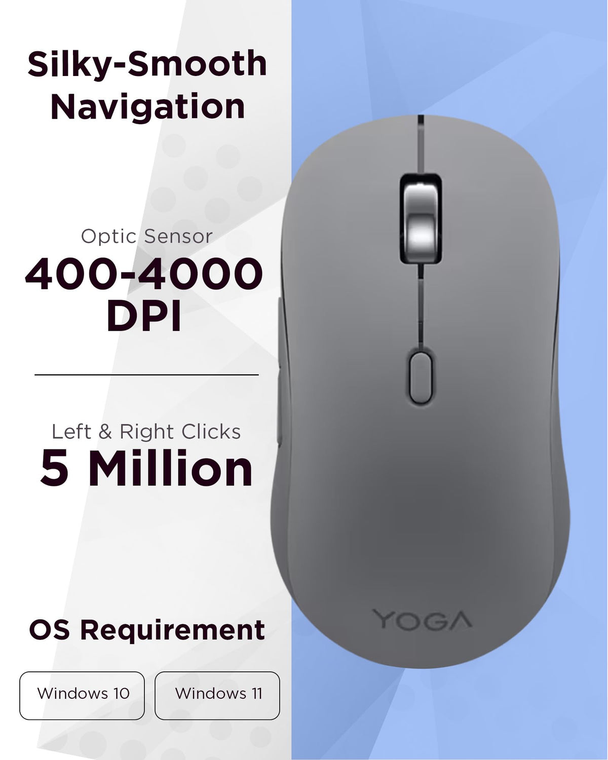 Lenovo Yoga Bluetooth Silent Mouse, 3 Level DPI Adjustment, 36 Month Battery Life, Bluetooth 5.3, 3 Device Paring, Whisper Quiet, Programmable