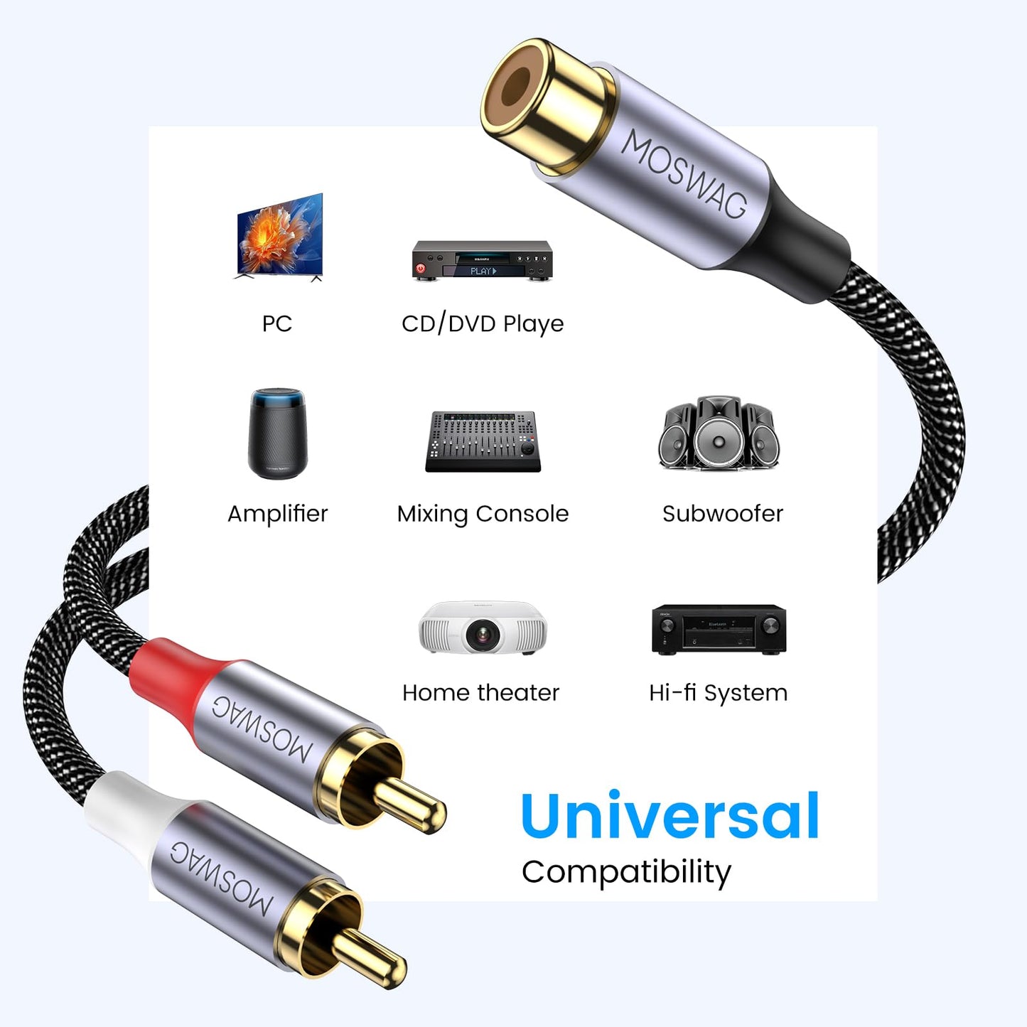 MOSWAG RCA Splitter, 1 Female to 2 Male, RCA Y Splitter Audio Video Cable Splitter Adapter for Amplifiers, Gaming Consoles, CD Player, Subwoofer, Home