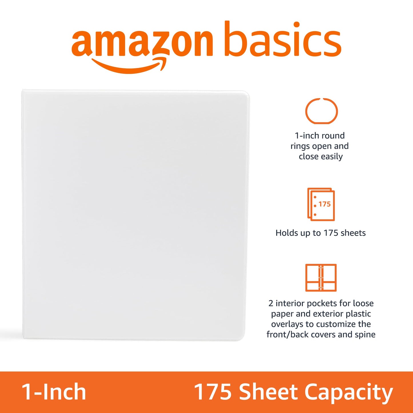 Amazon Basics 3-Ring Binder with Round Rings and Interior Pockets, 1-Inch, White, 4-Pack