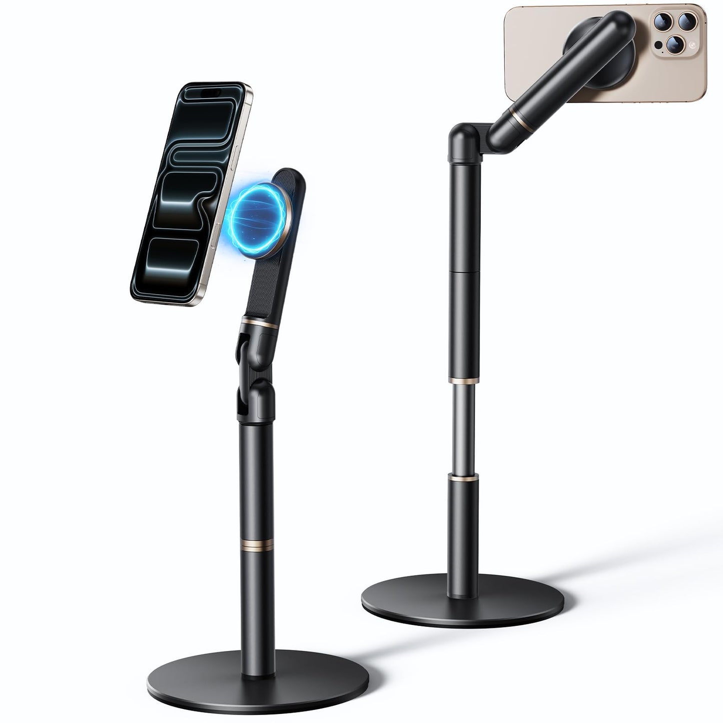 Nauttxon Angle Height Adjustable Magnetic Phone Stand for Desk [10"-25"] - Retractable Cell Phone Holder for Video Recording Cooking Excising Working