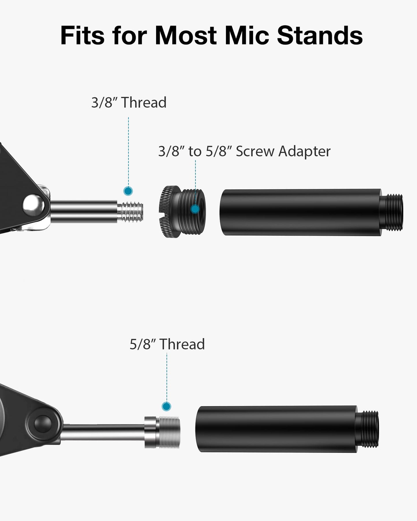 InnoGear Mic Stand Extension Tube, 2 Pieces 5/8" Thread Microphone Extension Pipe Mic Extender with 2 Pcs 3/8" to 5/8" Metal Adapter for Desk Mic Boom