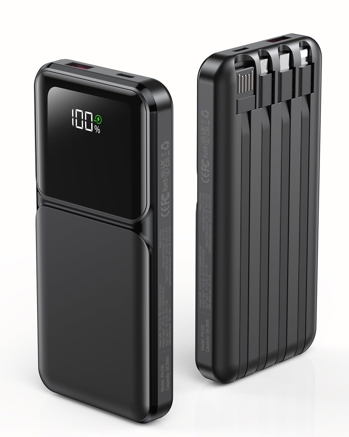 RONEGN Portable Charger with Built in Cable - Power Bank Fast Charging USB C LED Display 10000mah Battery Pack 5 Outputs & 3 Inputs for Travel