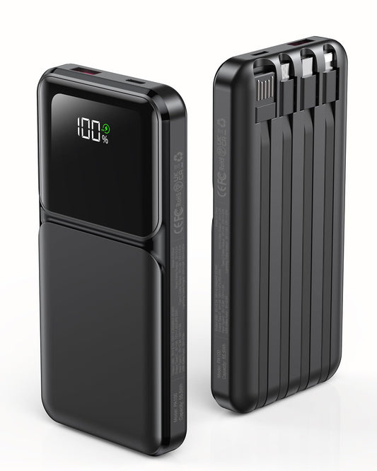 RONEGN Portable Charger with Built in Cable - Power Bank Fast Charging USB C LED Display 10000mah Battery Pack 5 Outputs & 3 Inputs for Travel