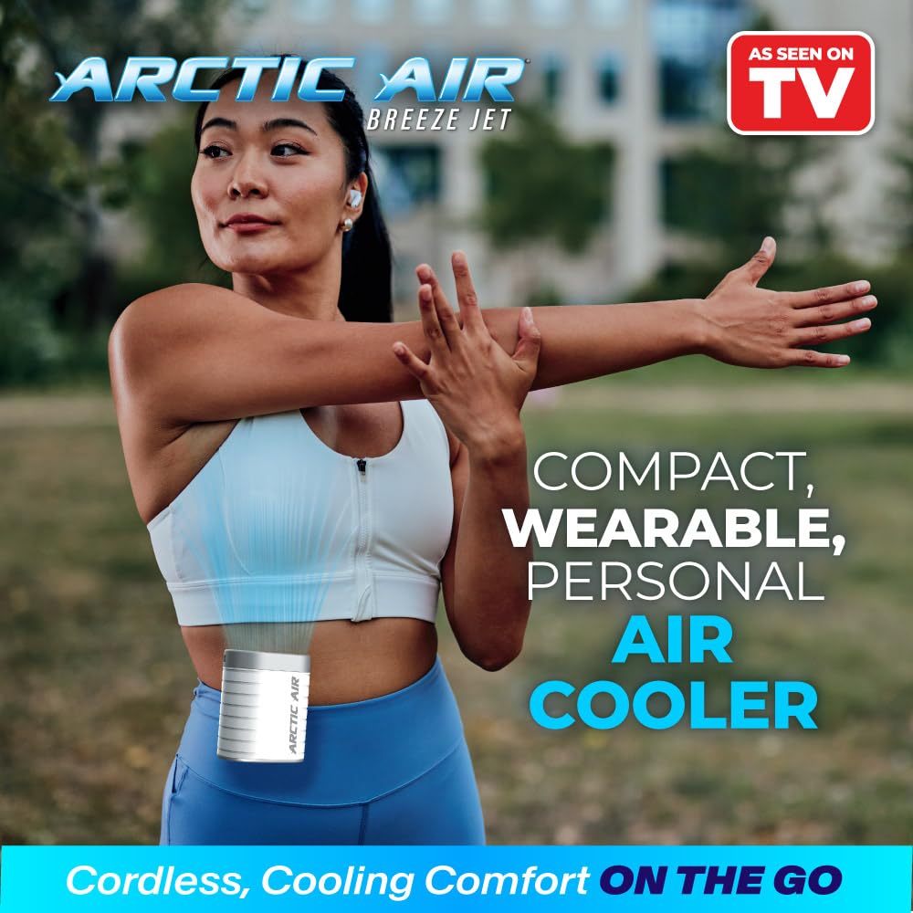 Arctic Air Breeze Jet Wearable Air Cooler, 3-Speed Portable Rechargeable Fan, Long-lasting, Lightweight Clip-On Neck & Waist Fan for Travel, Outdoors