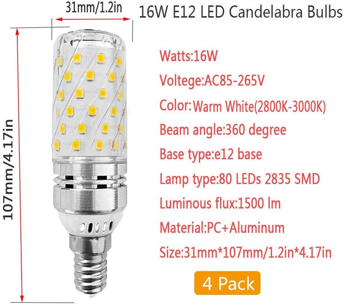 Edearkar E12 LED Corn Bulbs 16W (4 Pack) 3000K Warm White 80 LEDs 2835 SMD 1500LM 120W Incandescent Equivalent Decorative Candle Base Chandelier
