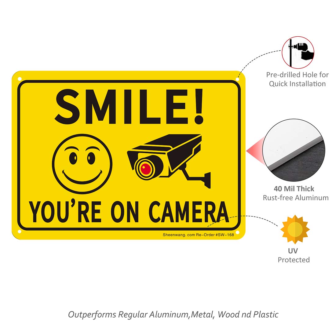 Sheenwang 2-Pack Smile You’re on Camera Sign, Video Surveillance Signs Outdoor, UV Printed .040 Mil Rust Free Aluminum 10 x 7 in, Security Camera Sign