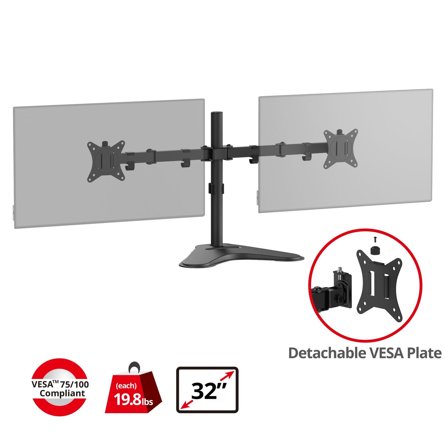 SIIG Articulated Freestanding Dual Monitor Desk Stand - 13"-32" - Max Load 19.8 lbs - 75x75mm/100x100mm(CE-MT1U12-S1)
