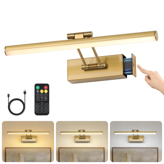 JUSHENG Picture Lights for Wall Battery Operated, Brass 3CCT Dimmable Gallery Light with Detachable Battery and Timer, Rechargeable Picture Lighting