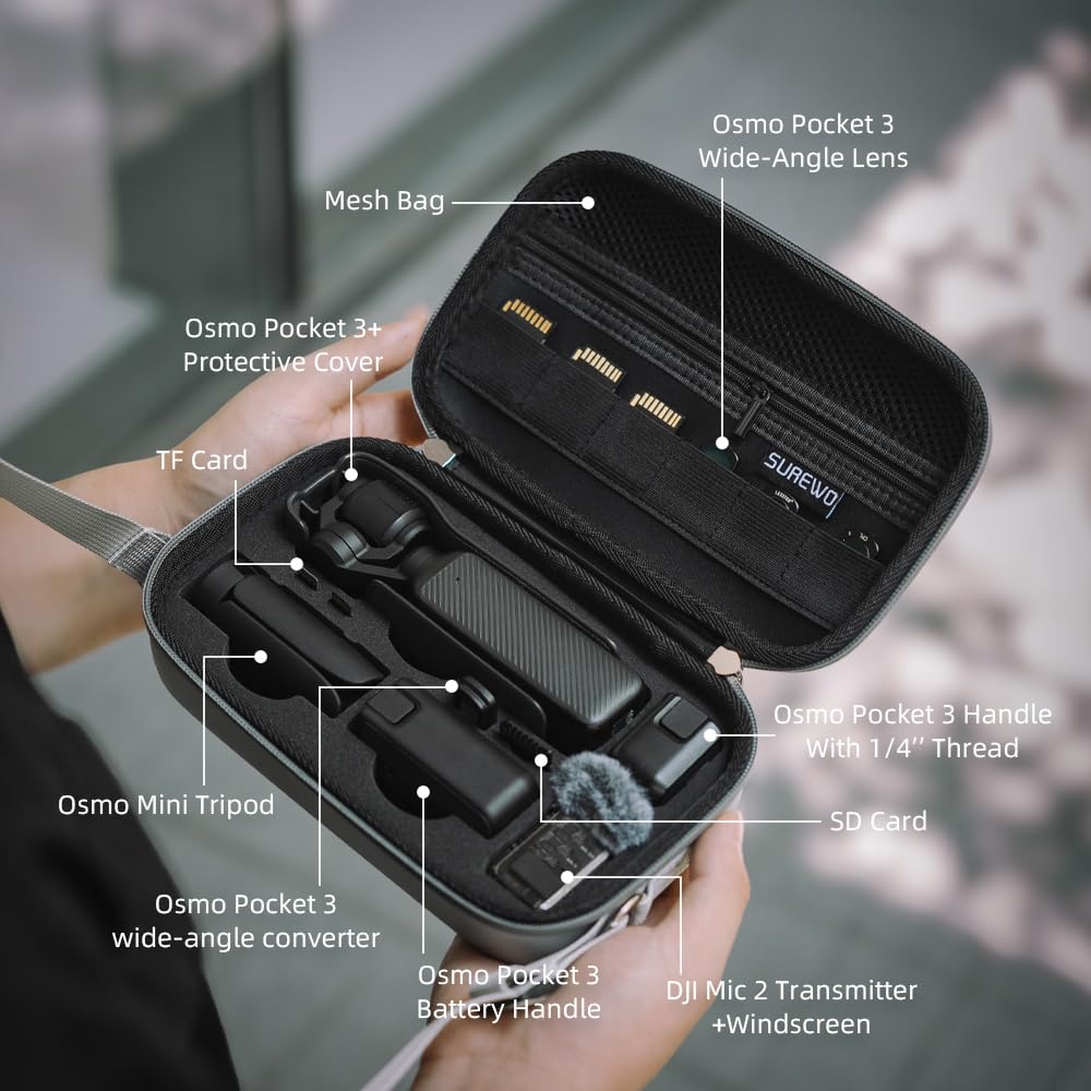 SUREWO Osmo Pocket 3 Case, Portable PU Storage Protective Bag for DJI Osmo Pocket 3 Standard kit and DJI Osmo Pocket 3 Power Expansion Combo