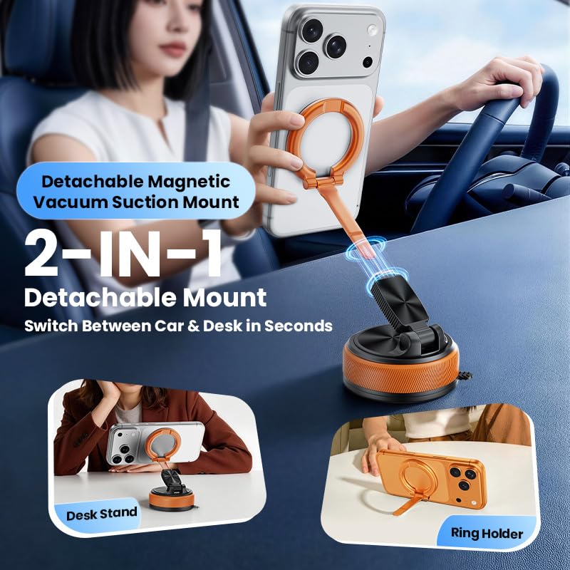 Magnetic Car Phone Mount, 2-in-1 Detachable Ring Stand for Desk & Dashboard, 360° Triple Axis Windshield Holder, N52 Strong Magnet, Universal Fit