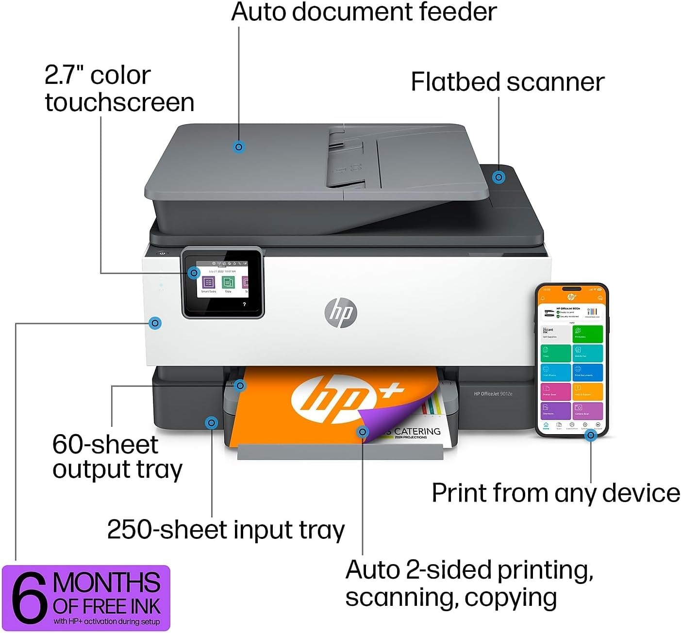 HP OfficeJet 9012e All-in-One Color Inkjet Wireless Printer Scanner Copier Fax with 6-month Instant Ink Included Mobile Computer Printers for Home Use