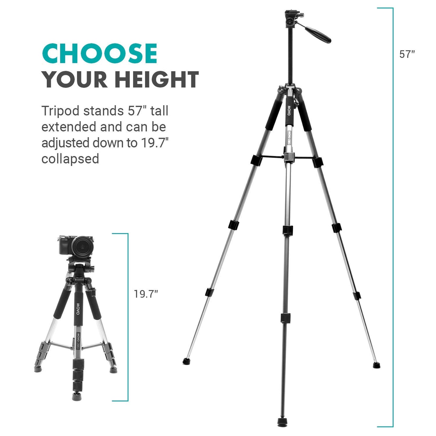 Movo MV-T5 57-inch Video Camera Tripod Stand with Pan Head - Lightweight Tripod for Camera and Phone Videos, Vlogging, Film - Aluminum Travel Tripod
