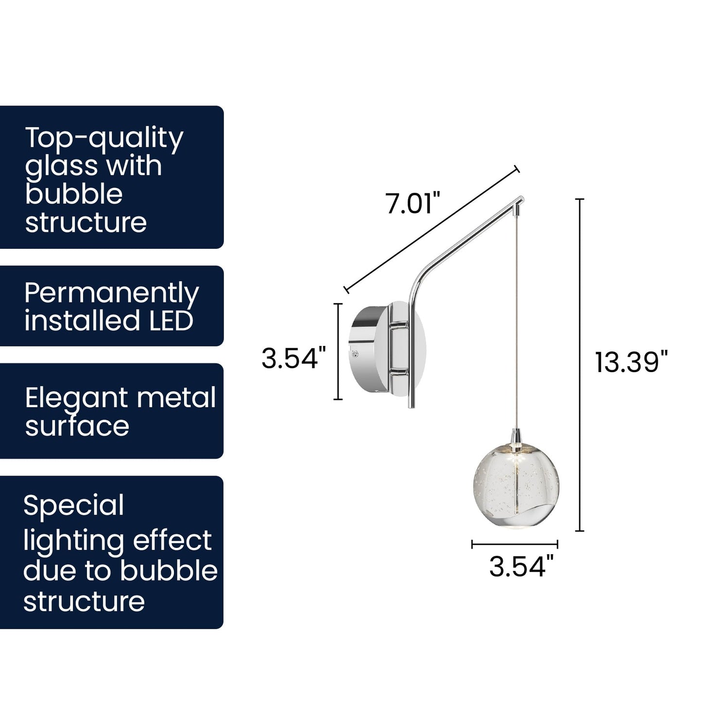 Lucande 13" Chrome Hanging Wall Sconce Vintage, Integrated LED Bubble Glass Globe, Modern Art Deco Hanging Wall Light for Bedroom, Living Room