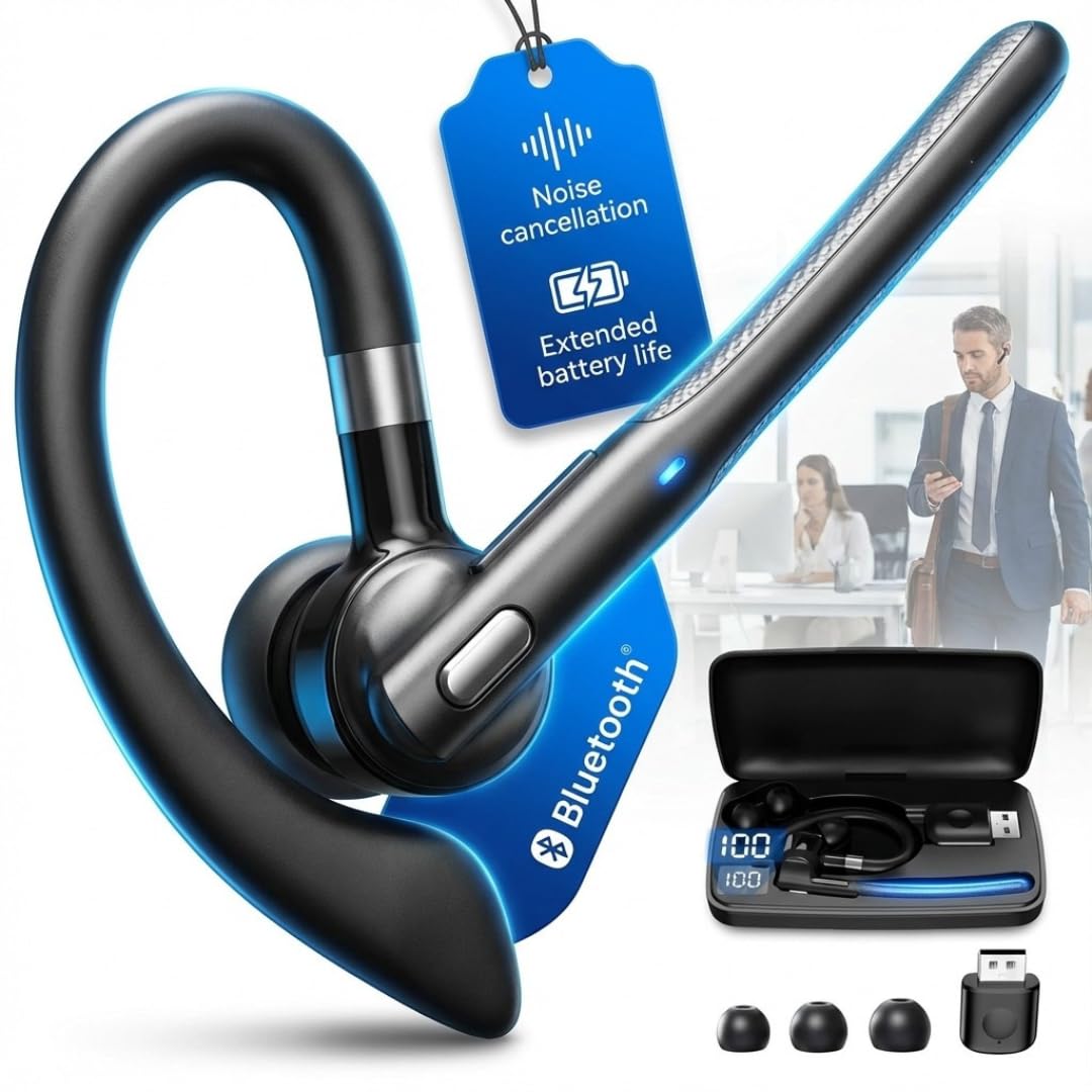 WADANI Bluetooth Wireless Earpiece with USB Adapter for PC, Dual-Mic Noise Reduction, 500mAh Charging Case, Bluetooth 6.1 Stable Connection, LED