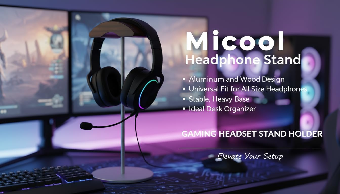 Micool Headphone Stand, Aluminum & Wood Holder with Heavy Stable Base, Universal Gaming Headset Stand for Desk, Compatible with All Over-Ear…