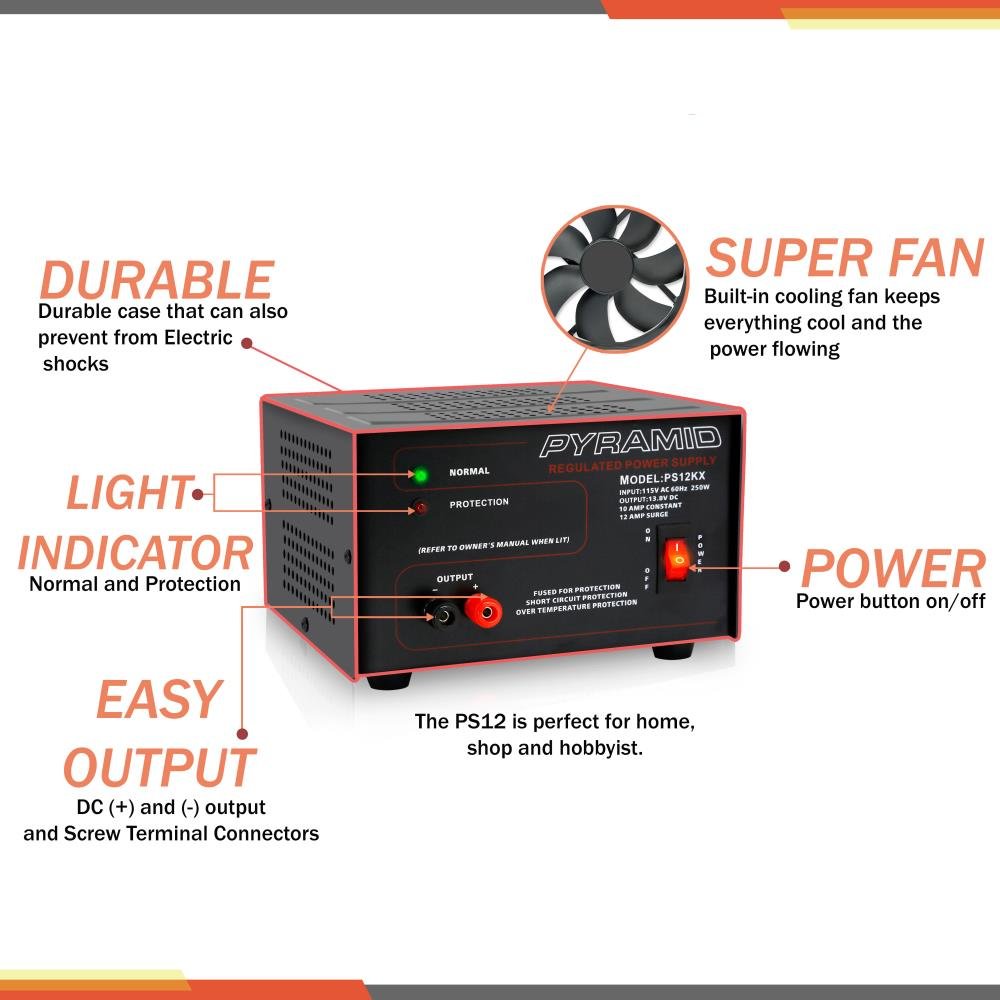 Pyramid Bench Power Supply | AC-to-DC Power Converter | 10 Amp Power Supply (PS12KX)