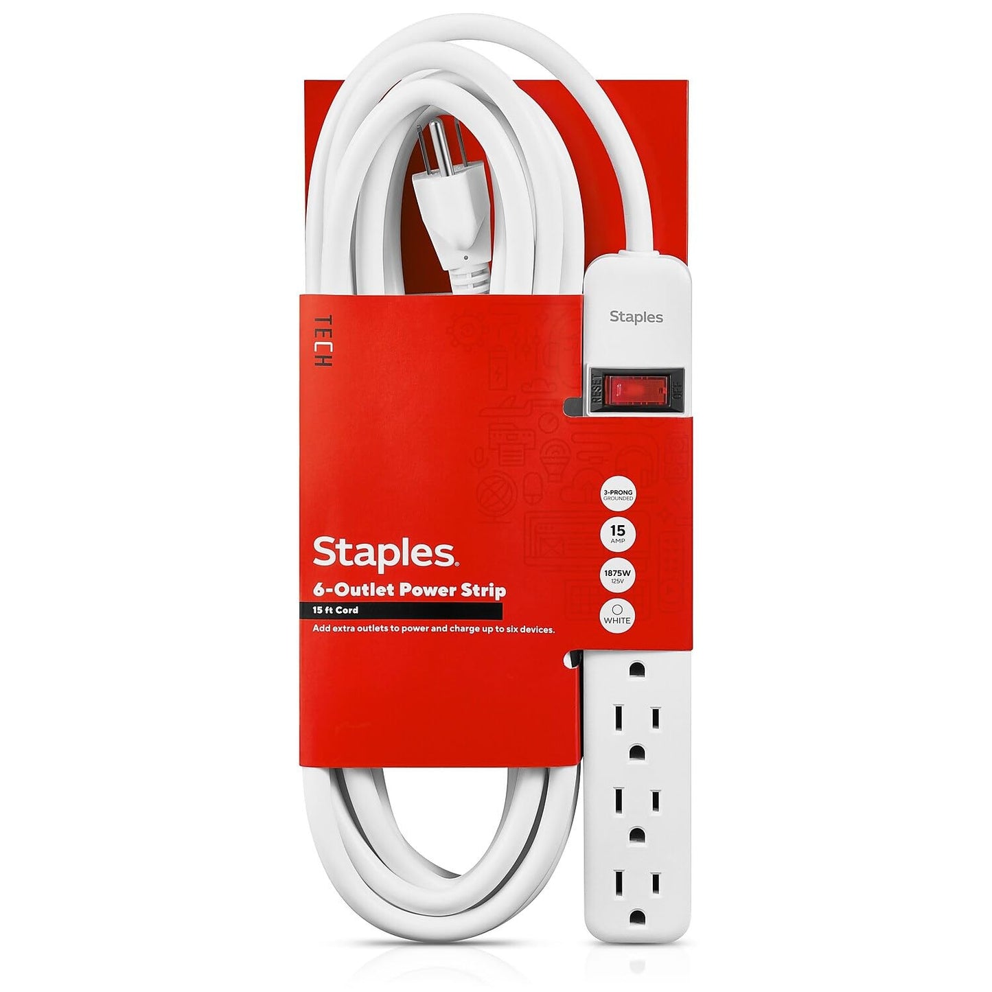 Staples TECH 6?Outlet Power Strip - 15 ft. Extension Cord for Home, Office & Dorm Room Use, White
