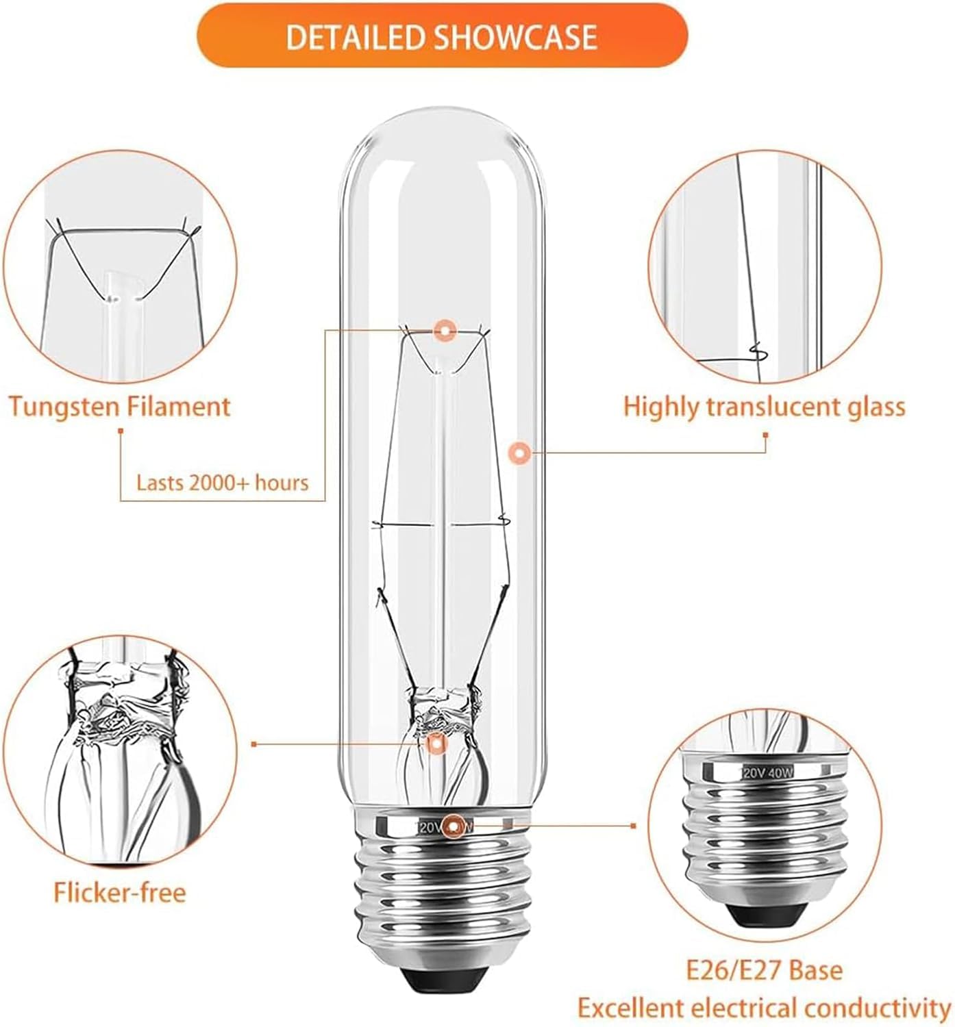 Tiqian 10-Pack 40W T10 Incandescent LED Light Bulbs, Warm White,Dimmable Clear Glass Edison Vintage Bulbs for Chandeliers, E26 Base, 2700K, Desk