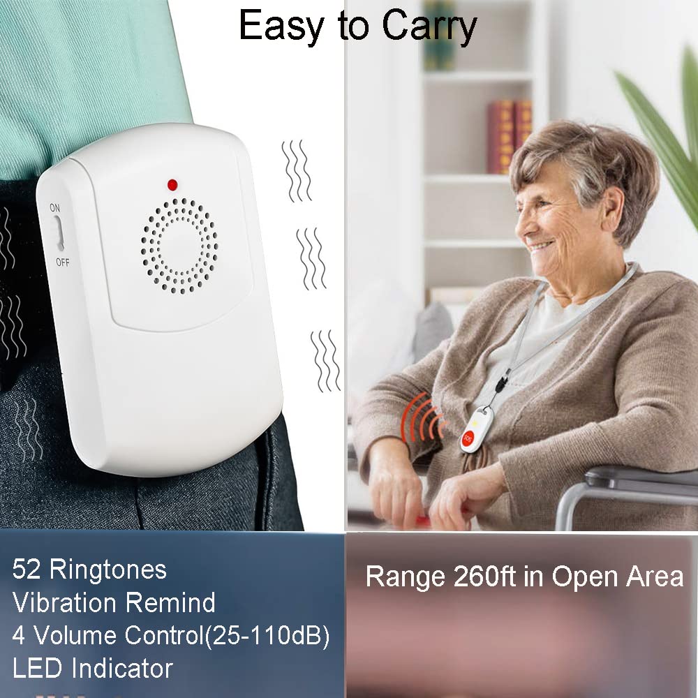 Caregiver Pager Wireless Call Button System Personal Alert Panic Button for Home Elderly Nurses Calling System with Portable Receiver and Emergency