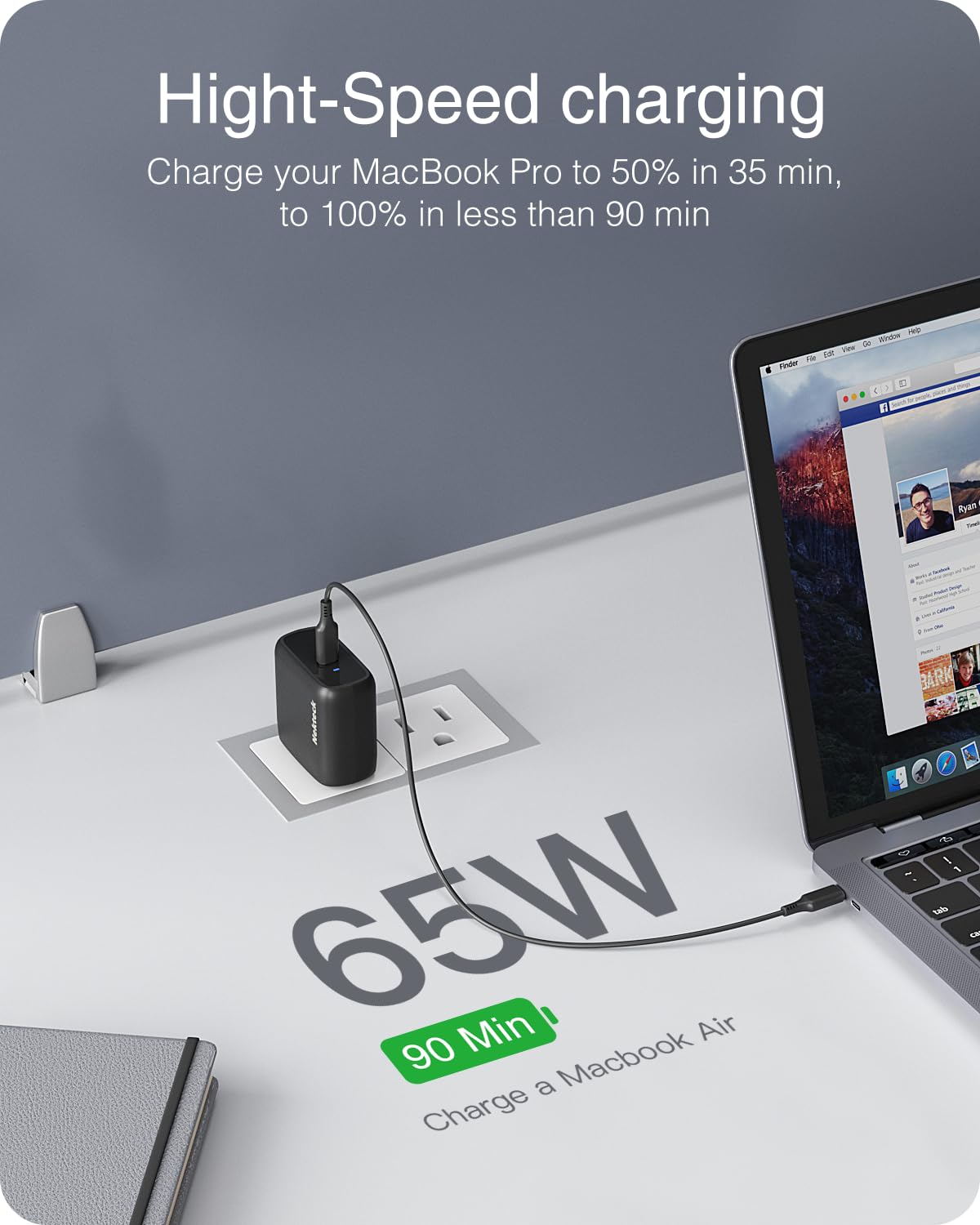 Nekteck 65W USB C Charger, GaN II PD Fast Charging with Foldable Plug