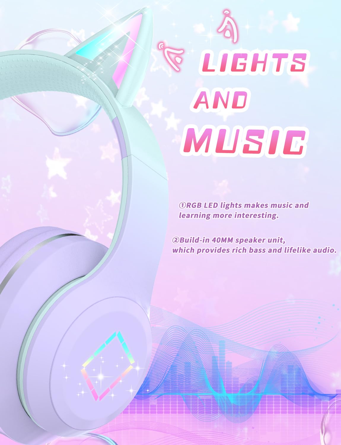 YOYOTUNE Bluetooth Kids Headphones,Cat Ear LED Light Up Kids Wireless Headphones,Bluetooth 5.1&Stereo Sound, Foldable,Adjustable Headband,Children…