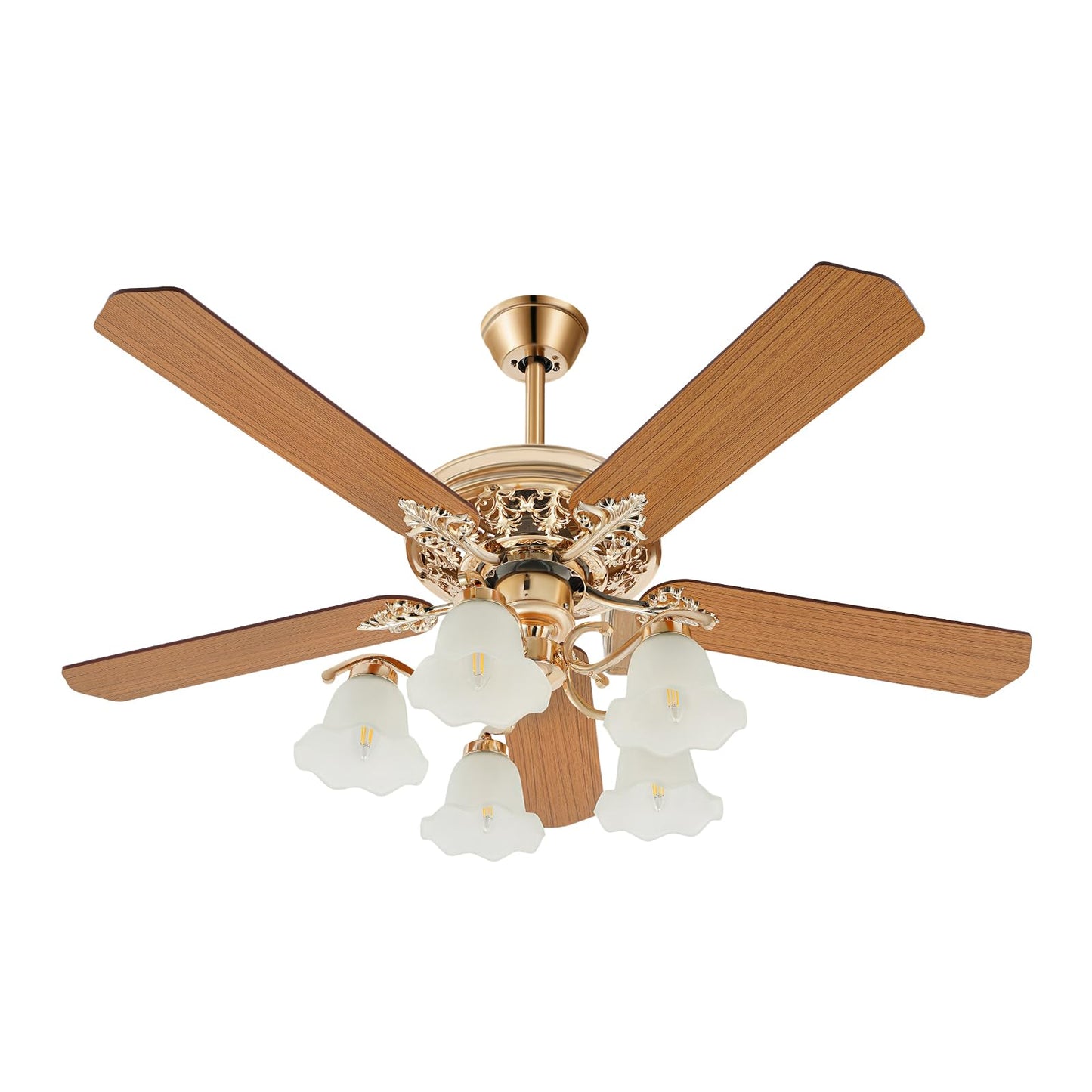 Flhonudi 52inch Golden Ceiling Fan with Light Glass Shade Modern Fan Wooden Blades Chandelier Fan Reversible Slient Motor 3 Speed Adjustable w/Remote