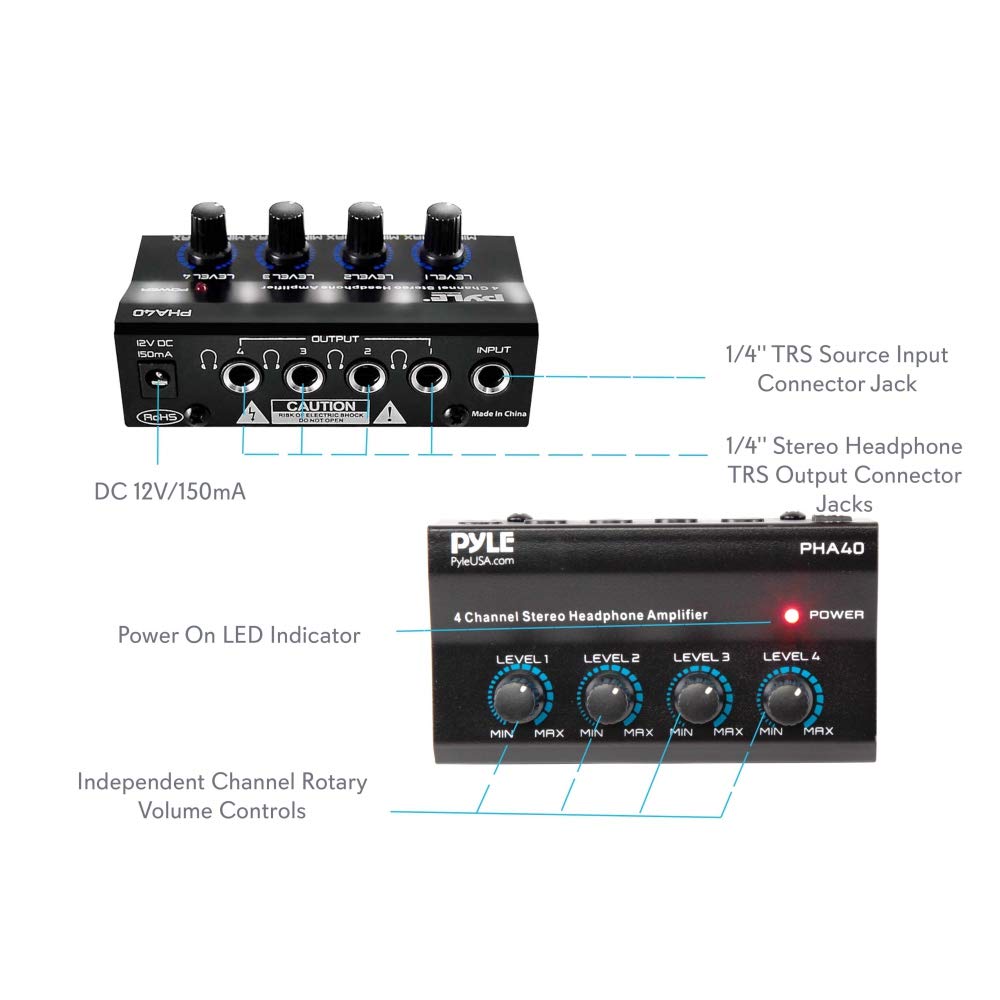 4-Channel Portable Stereo Headphone Amplifier - Professional Multi Channel Mini Earphone Splitter Amp w/ 4 ¼” Balanced TRS Headphones Output Jack