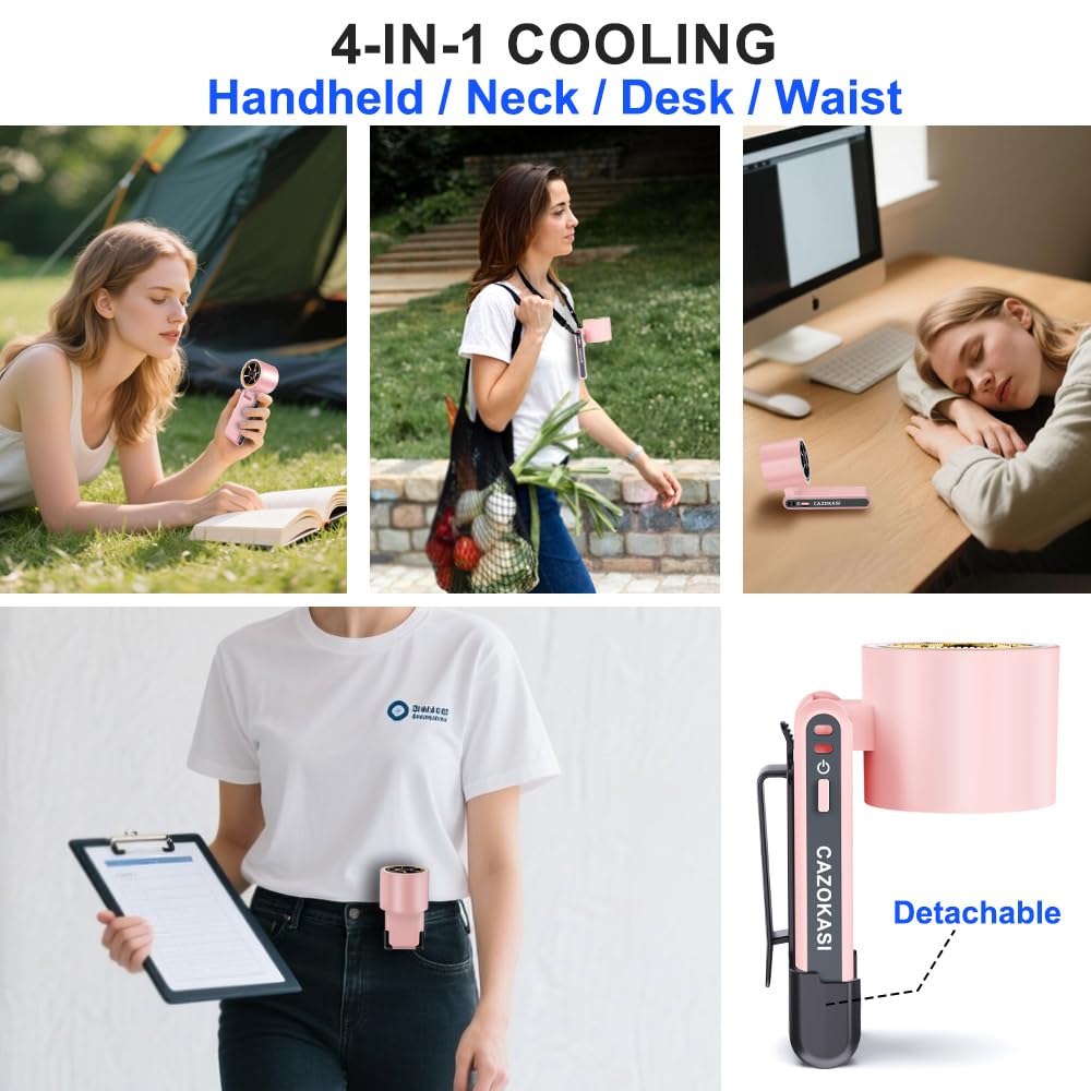 CAZOKASI Rechargeable Strong Wind Handheld Fan With Ambient Lighting 4 IN1 5000mAh Upto 22H For Desktop Waist Clip Neck (StrongWind/Pink)