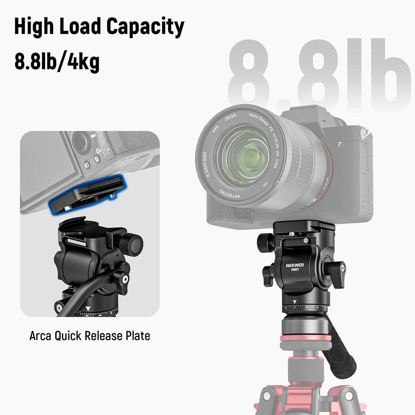 NEEWER Tripod Fluid Head with +/-10° Leveling Base, Metal Drag Pan Tilt Head Mount with Arca Type QR Plate Telescopic Handle Cleaning Cloth