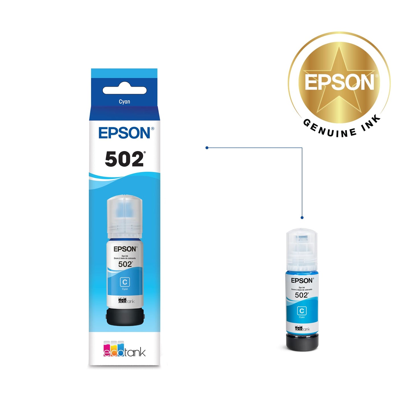 EPSON 502 EcoTank Ink Ultra-high Capacity Bottle Cyan Works with ET-2750, 2760, 2850, 3750, 3760, 3850, 4850, and other select models
