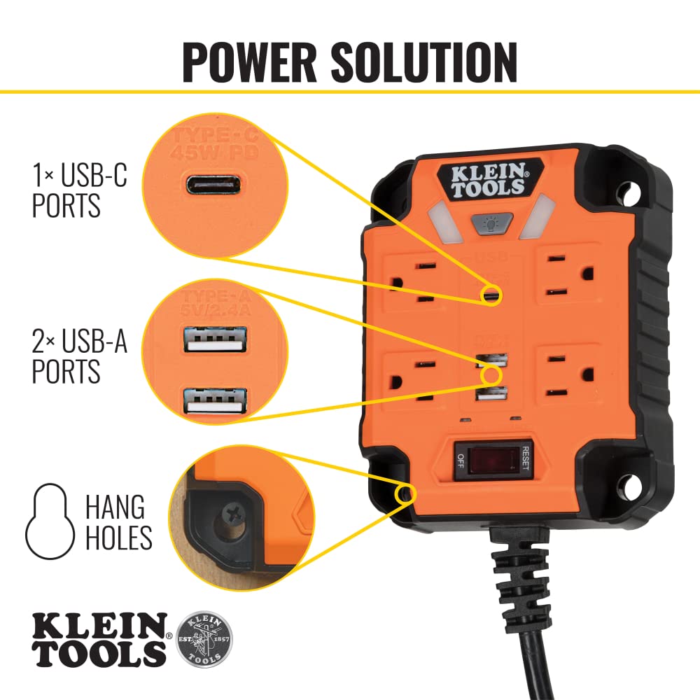 Klein Tools 29601 Magnetic Power Strip with Surge Protector, Extension Cord, 4 Outlets, 3 USB Ports, 5-Foot Cord, Power Supply Box with Light