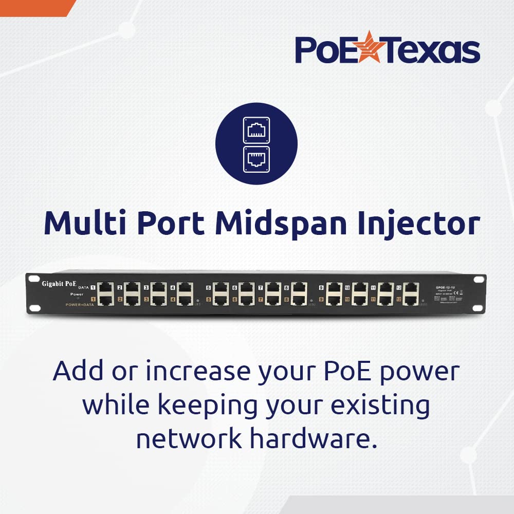 PoE Texas - PoE Injector - 12 Port Gigabit Passive Midspan Injector - Add or Increase Power Over Ethernet to Your Network for 802.3af or at Devices