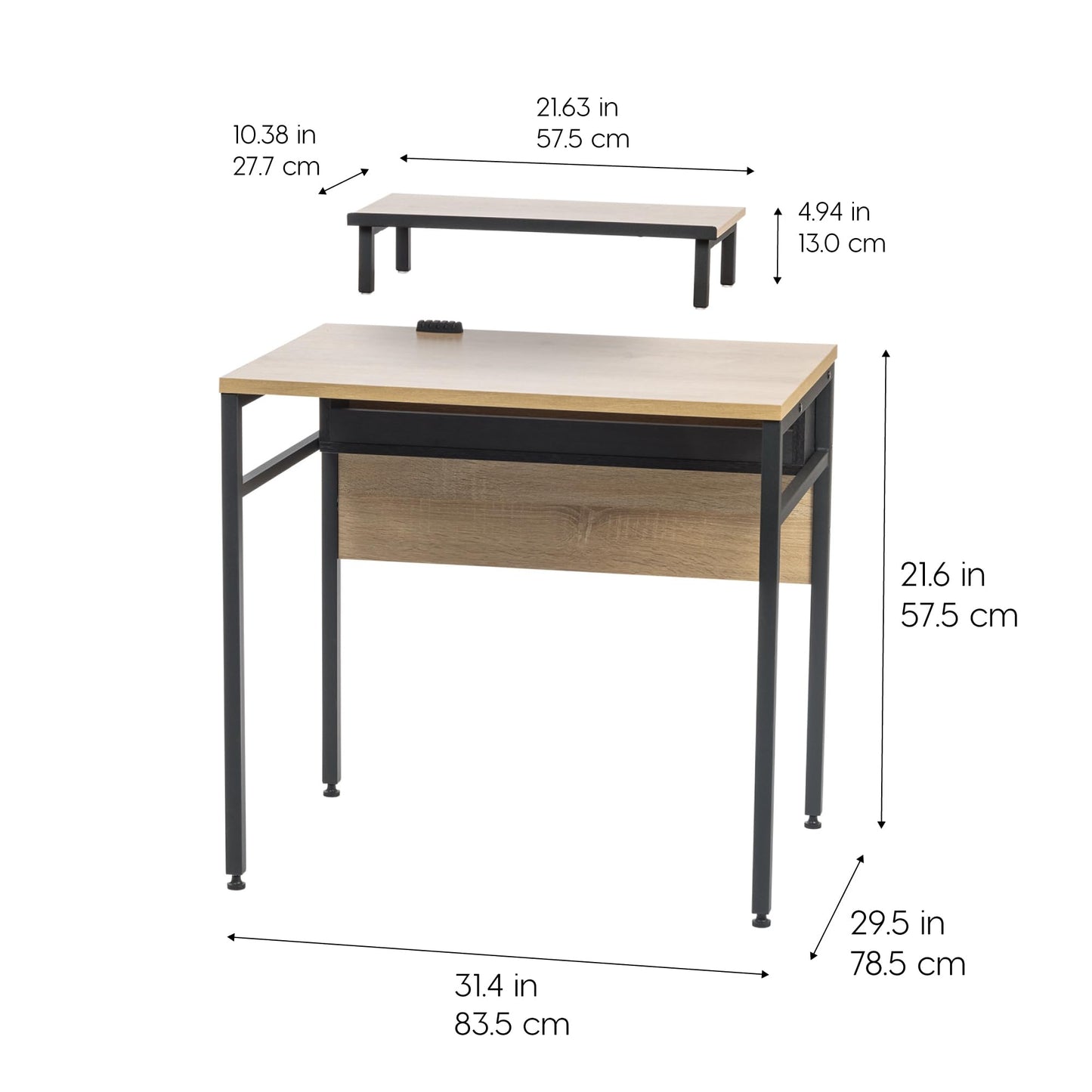 IRIS USA Computer Desk, 32" L x 22" W Slim Rustic Industrial Table with Monitor Stand, Matte Black Steel Frame, Heavy Duty Wooden Tabletop, Home