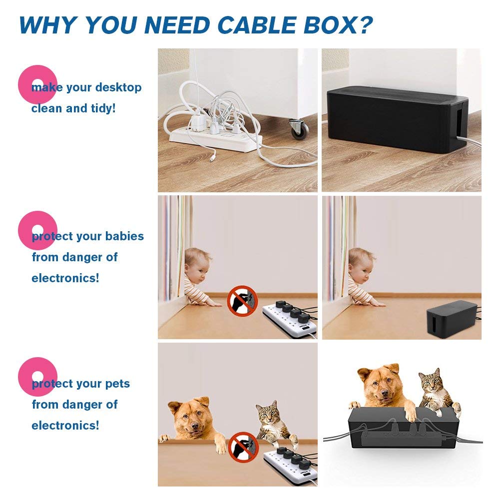 [Set of Three] Cable Management Boxes Organizer, Large Storage Wires Keeper Holder for Desk, TV, Computer, USB Hub, System to Cover and Hide & Power