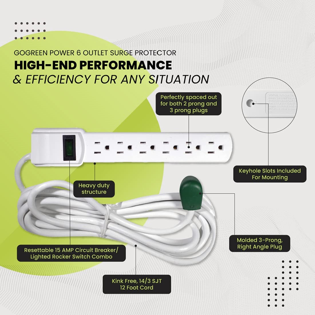Go Green Power Inc. 12ft Surge Protector with 6 Outlets - Heavy Duty, Circuit Breaker, Mountable - Sleek Design Perfect for Home & Office