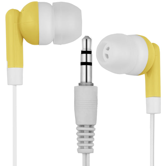 LowCostEarbuds Bulk Pack of 25 Yellow/White Earbuds/Headphones - Individually Bagged