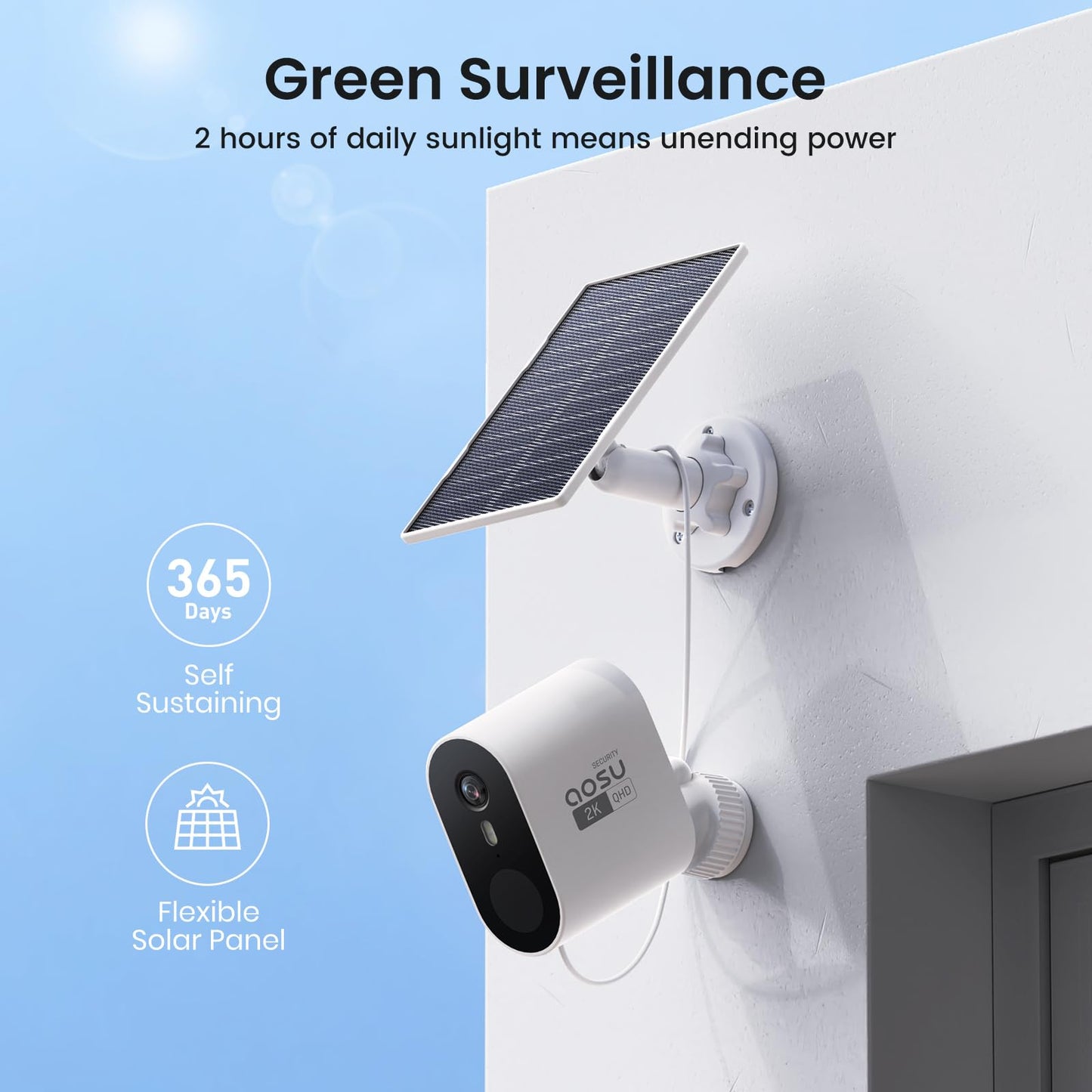 aosu Solar Security Cameras Wireless Outdoor, 4-Cam Kit, 2K QHD Home Security System with 166° Ultra-Wide Angle, Color Night Vision, 60 Days aosuBase