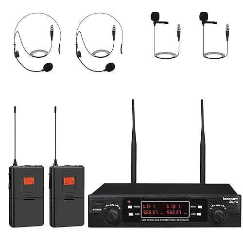 innopow 200-Channel Wireless Lavalier Microphone, Dual UHF Bodypack Cordless Lavalier Mic System Set, Auto Scan, Long Range 200-240Ft, 16 Hours Use