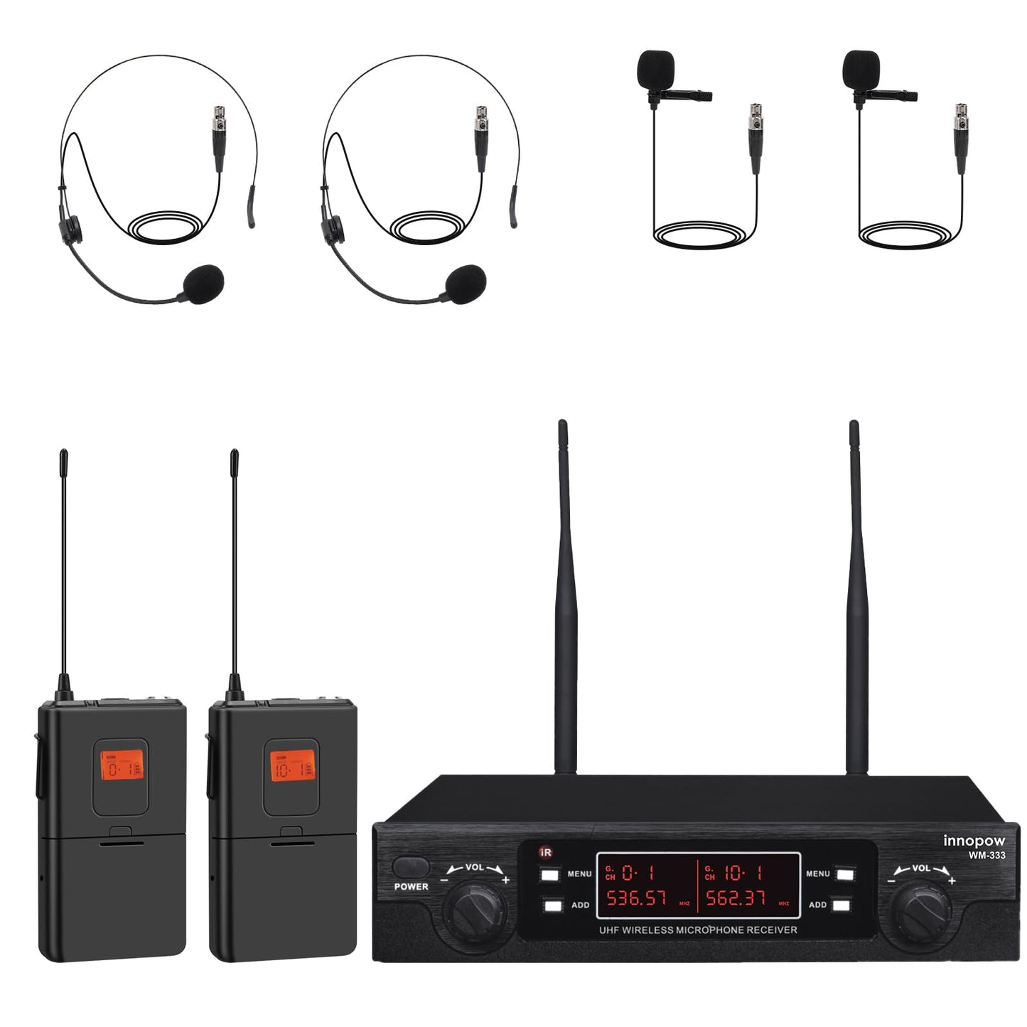 innopow 200-Channel Wireless Lavalier Microphone, Dual UHF Bodypack Cordless Lavalier Mic System Set, Auto Scan, Long Range 200-240Ft, 16 Hours Use