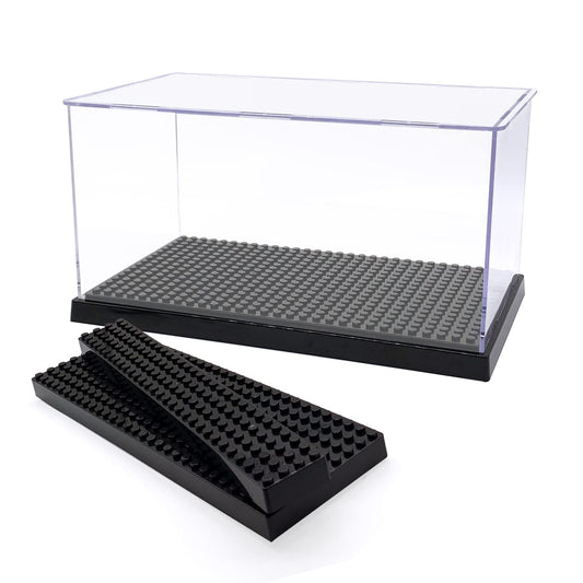 Acrylic Display Case for Figures – Dustproof Clear Box with Building Base, Brick Storage & Action Figure Showcase (Black)