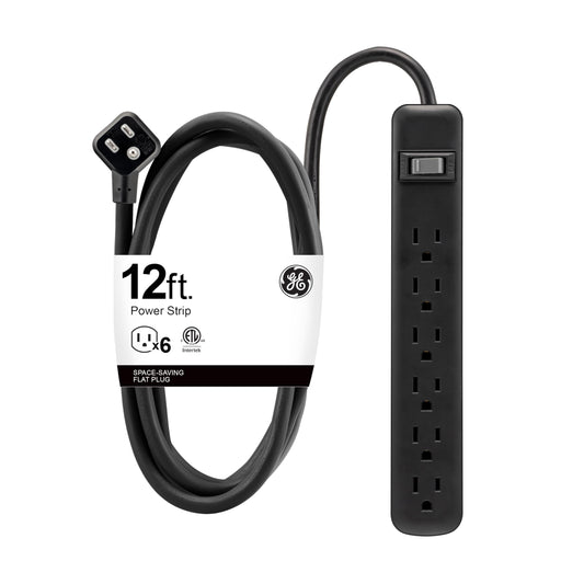 GE 6 Outlet Power Strip, 12 Ft Long Extension Cord, 3 Prong Outlets, UL Listed, Black, 45192