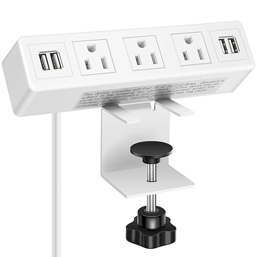 3 AC Outlet Desk Clamp Power Strip White, Desk Mount USB Charging Power Station, Removable Desktop Edge Power Center Plugs Output 125V/60HZ/12A/1500W