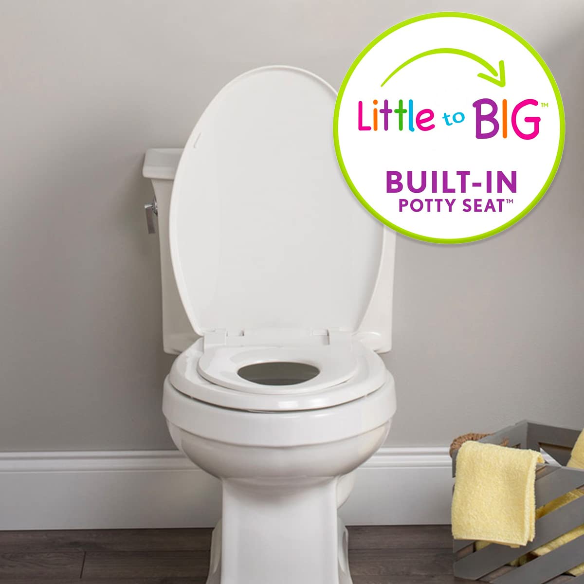Little2Big Toilet Seat with Built-In Toddler Potty Training Seat, Slow Close, Easy to Install, Made in USA, ELONGATED, White