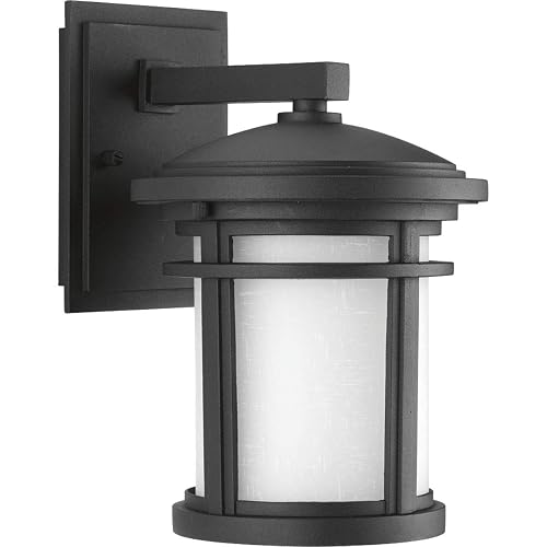 Progress Lighting Wish Collection 1-Light Etched White Linen Glass Craftsman Outdoor Small Wall Lantern Light Textured Black