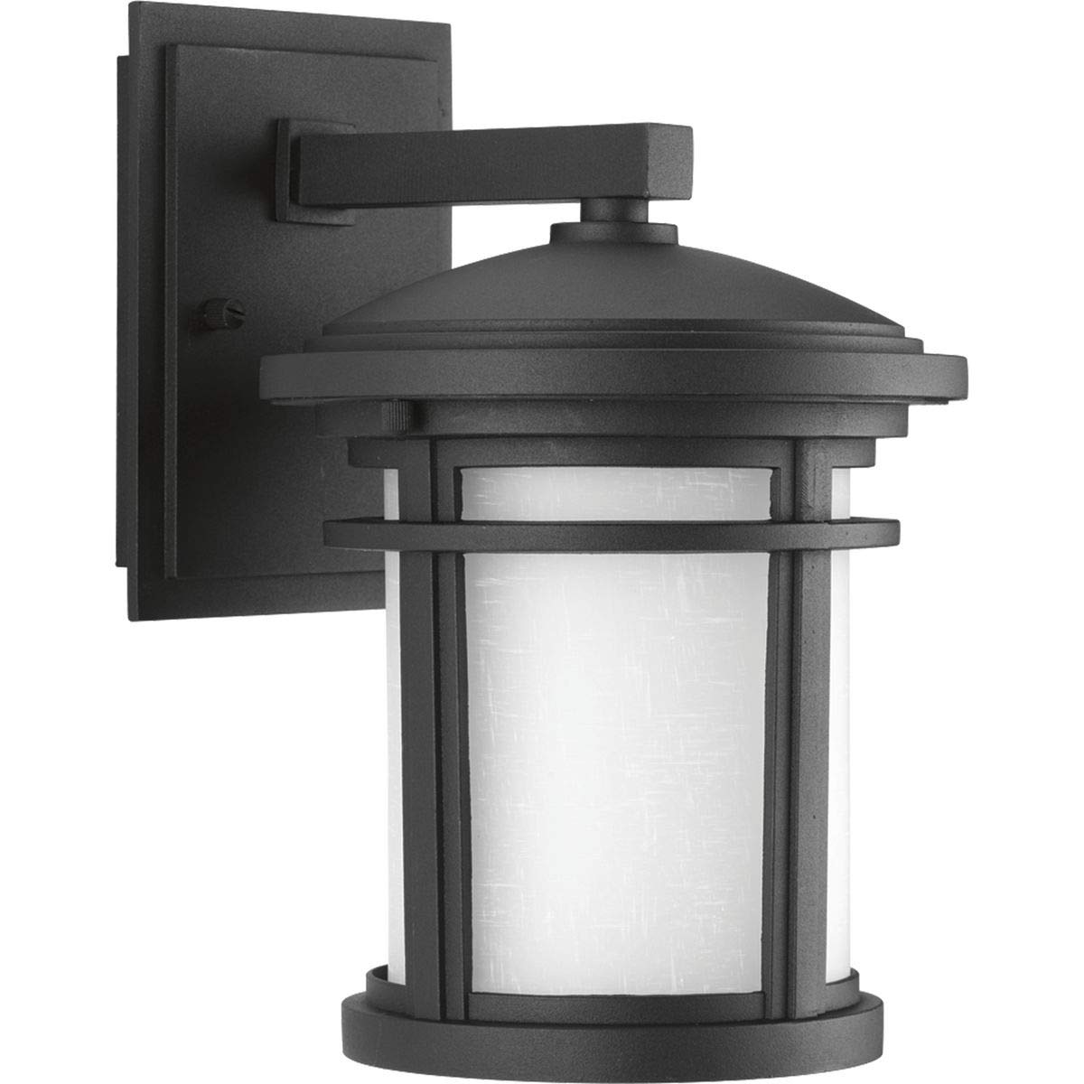 Progress Lighting Wish Collection 1-Light Etched White Linen Glass Craftsman Outdoor Small Wall Lantern Light Textured Black