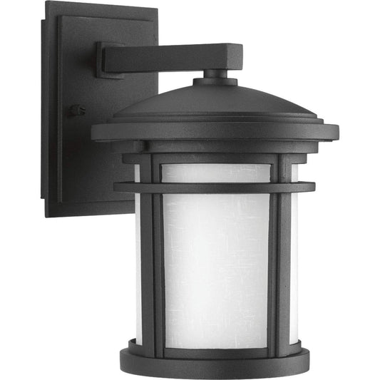 Progress Lighting Wish Collection 1-Light Etched White Linen Glass Craftsman Outdoor Small Wall Lantern Light Textured Black